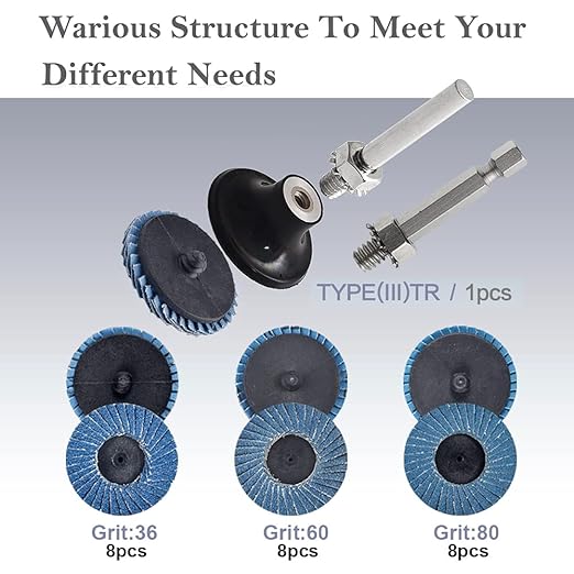 24 Pcs 2 inch Roll Lock Flap Discs with 1/4" Holder Die Grinder Attachments T27 Zirconia Flat 36/60/80 Grit Grinding Wheels for Surface Prep