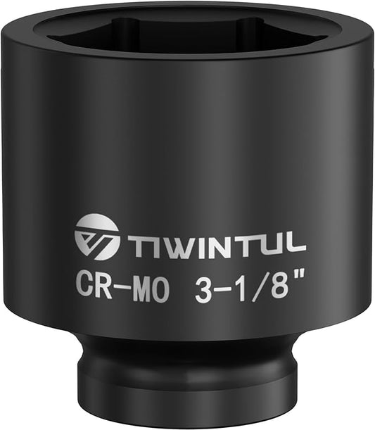 3-1/8" Impact Socket 1" Drive, Deep 6 Point CR-MO Heavy Duty Socket, Single Axle Nut Socket for Semi-Truck, Construction, Oilfield & Wind Power Maintenance, ANSI Certified