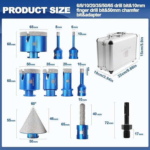 Diamond Core Drill Bit Set - BRSCHNITT Tile Hole Saw Kit 1/4" 3/8" 4/5" 1-3/8"2" 2-1/2" & 3/8" Finger Bit & 2" Chamfer Bit for Porcelain Tile Ceramic Marble Granite Diamond Blade