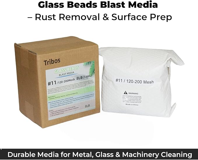 Glass Bead Media for Sandblasting ??8LB Non-Silica Reusable Blasting Abrasive for Rust Removal & Surface Finishing ??Multiple Mesh Options (# 11 (120~200Mesh))