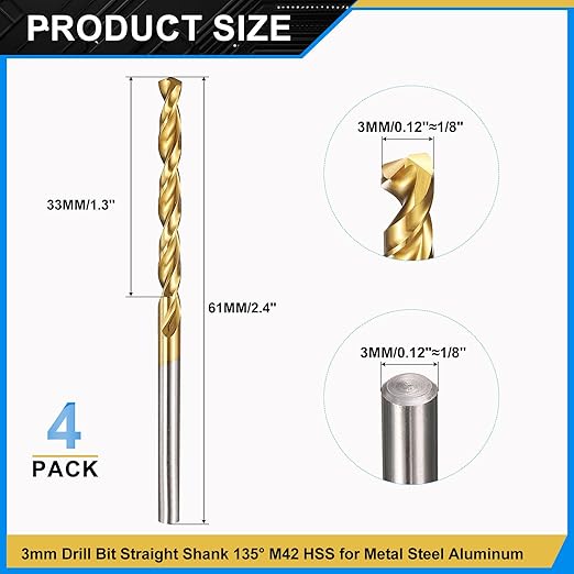 PATIKIL 3mm Drill Bit, M42 8% Cobalt High-Speed Steel Jobber Straight Shank 135° Titanium Nitride (TiN) Coated for Hard Metal Stainless Steel - 4 Pack