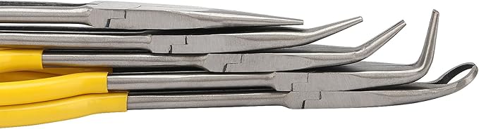 MOUYAT 5 PCS 11 Inch Long Nose Pliers Set, Long Reach Needle Nose Pliers Set Including Straight, 25 Degrees, 45 Degrees, 90 Degrees and Circle Pliers for Mechanics Technicians Contractors Work Repair