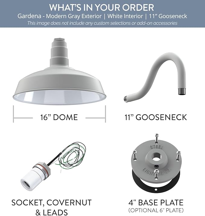 Steel Lighting Co. | Dusk to Dawn | Gardena Barn Light | Outdoor Wall Mounted | 16" Dome | 11" Gooseneck | Farmhouse Light Made in America | White Exterior/White Interior