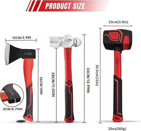 3 Piece Hammer Set, 14" Camping Axe, Ball Peen Hammer 1.1kg, 20oz Rubber Mallet, Ball Pin Hammers, Large Hammer, Suitable for Camping, Woodworking, Mechanical Repair