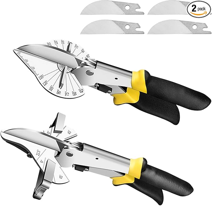 2 Pcs Miter Shears, Quarter Round Cutting Tool Adjustable at 22.5째 to 135째, Miter Shears for Angular Cutting Molding with 4 Replacement Blades, Trim Miter Cutter For Cutting Wood and Plastic (2)