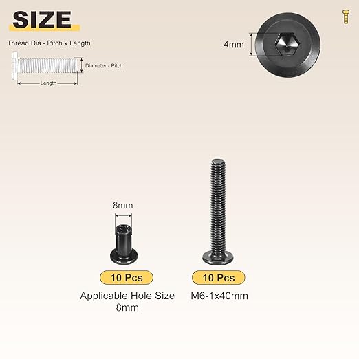 METALLIXITY Furniture Crib Screws Replacement Set(M6-1x40mm) 20Pcs, Connector Bolts M6 Screw Barrel Nuts Binding Screws, for Chair Cabinet Bed, Black