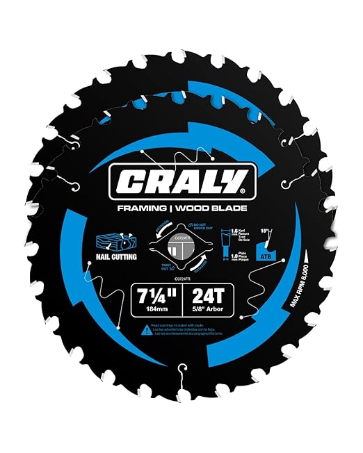 CRALY 7-1/4 Inch 24 Teeth Wood Cutting Framing Circular Saw Blade, 5/8 Inch Arbor, Carbide Tipped, Thin Kerf, Black Ice™ Coating, for Plywood, MDF, OSB, Laminated, 2-Pack(C0724FR-2)