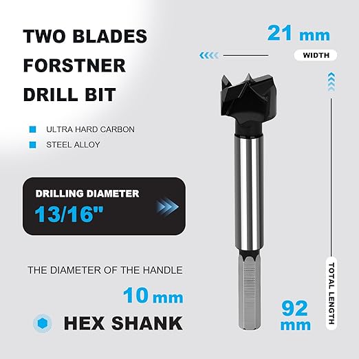 13/16 Inch Forstner Drill Bit Carbide Tipped,Woodworking Hinge Cutter for Precise Flat Bottom Holes in Hard Wood,Plywood,Plastic - Professional Grade
