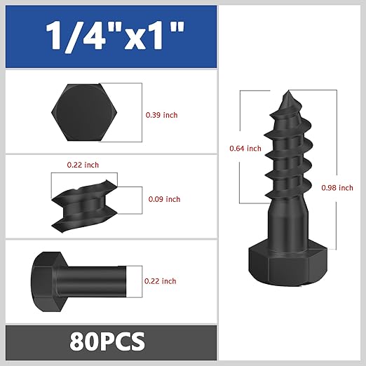 Lag Screws Wood Screws,(80PCS, 1/4"x1", Black) Hex Head Lag Bolts,(6x25) Heavy Duty Lag Screws,304 Stainless Steel Bolts 18-8