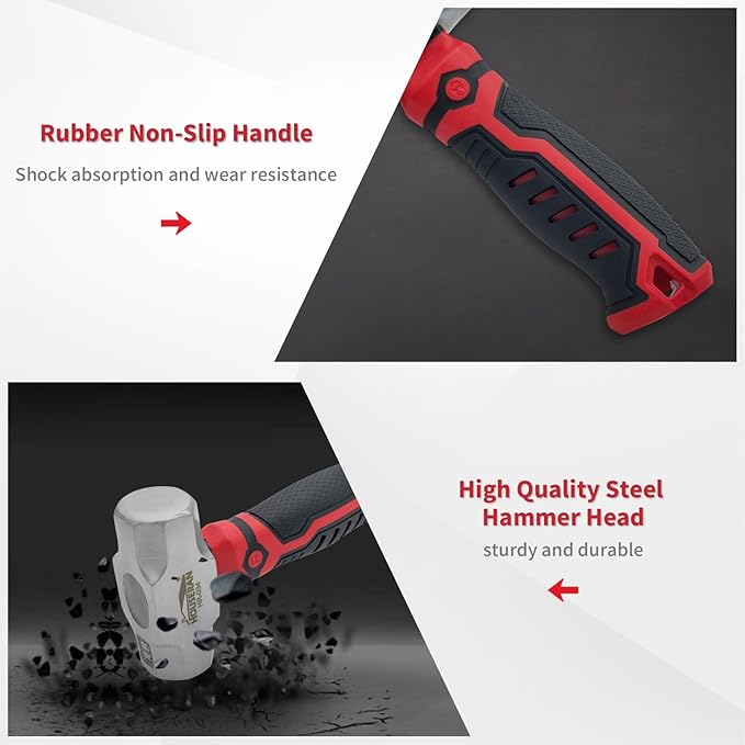 Sledge Hammer, Mini Sledge Hammer, 1.24lb Sheet Metal Hammer, Drilling Hammer, Small Hammer for Women, Non-Slip Handle, for Demolition, Piling, Rock and Concrete Hammering, Red and Black