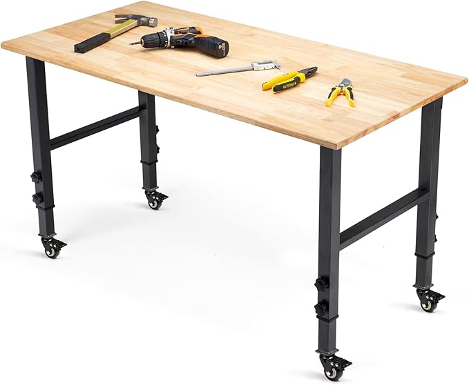 48 "Adjustable Wheels Workbench, Heavy Duty 2000 LBS Load Capacity Hardwood Workbench Suitable for Workshop, Office, Garage, Home (Metal Wheels訝쭼o Power Outlets 48"x24")
