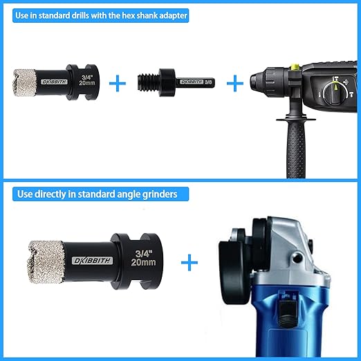 DKIBBITH Dry Diamond Core Drill Bits 3/4 Inch Tile 20mm Vacuum Brazed Angle Grinder Hole Saw for Porcelain Ceramic Granite Brick Concrete with 5/8-11 Thread to 3/8'' Hex Shank Adapter, Black