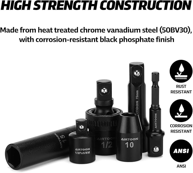 AIRTOON 1/2-Inch Drive Impact Socket Set, 49 Piece Deep & Shallow Metric Socket Set 8mm to 32mm, 6 Point, CR-V Steel for Auto Repair, Easy-to-Read Size Markings, Rugged Construction, Storage Case