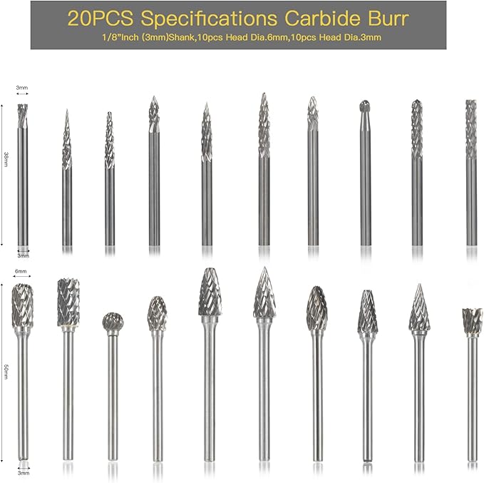 Carbide Burr Set 20PC 1/8" Shank ??3mm Tungsten Double Cut Carbide Rotary Burr Set for Metal and Wood Carving, Grinding, Polishing, Engraving, Drilling.