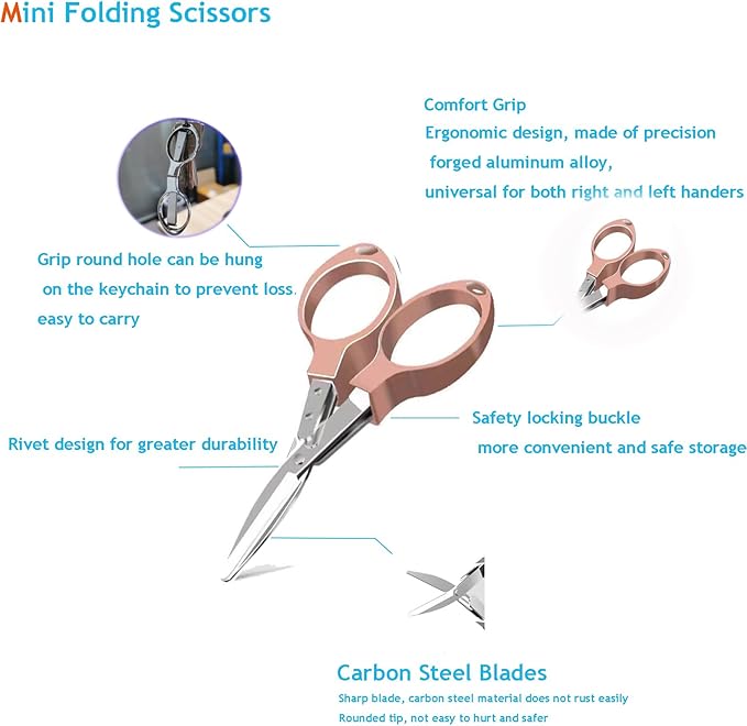 Mini Folding Scissors, Safe Portable Safe Portable Travel Mini Scissors, Stainless Steel Retractable Small Scissors for Home Office, 2 Piece Set (rose gold)