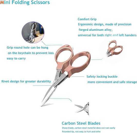 Mini Folding Scissors, Safe Portable Safe Portable Travel Mini Scissors, Stainless Steel Retractable Small Scissors for Home Office, 2 Piece Set (rose gold)