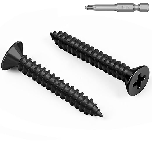 100 PCS #8 x 1 Black Sheet Metal Screws, Flat Head Phillips Fast Self Tapping Screws, Countersunk Head Wood Screws, Carbon Steel, Screwdriver Bit Included