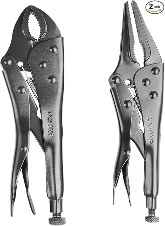 Lichamp Locking Pliers Set - 10 inch Curved Jaw and 9 inch Long Nose Vise Pliers, Vise Grips for Automotive, Plumbing, Metalworking