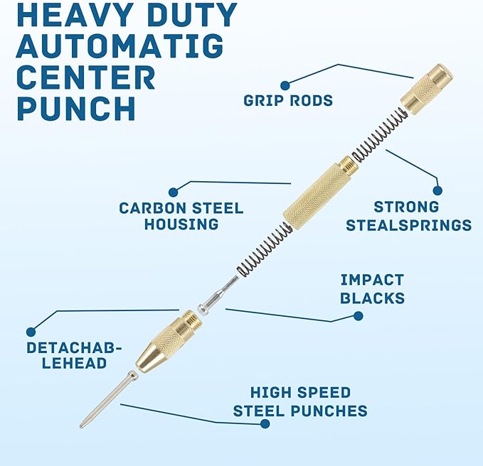 2PCS Automatic Center Punch,5'' Spring Loaded Center Punch, Heavy Duty Steel Adjustable Center Marker Punch Tool with 2PCS Extra Replacement Tip for Metal,Plastic,Wood,Glass by YUIOASE