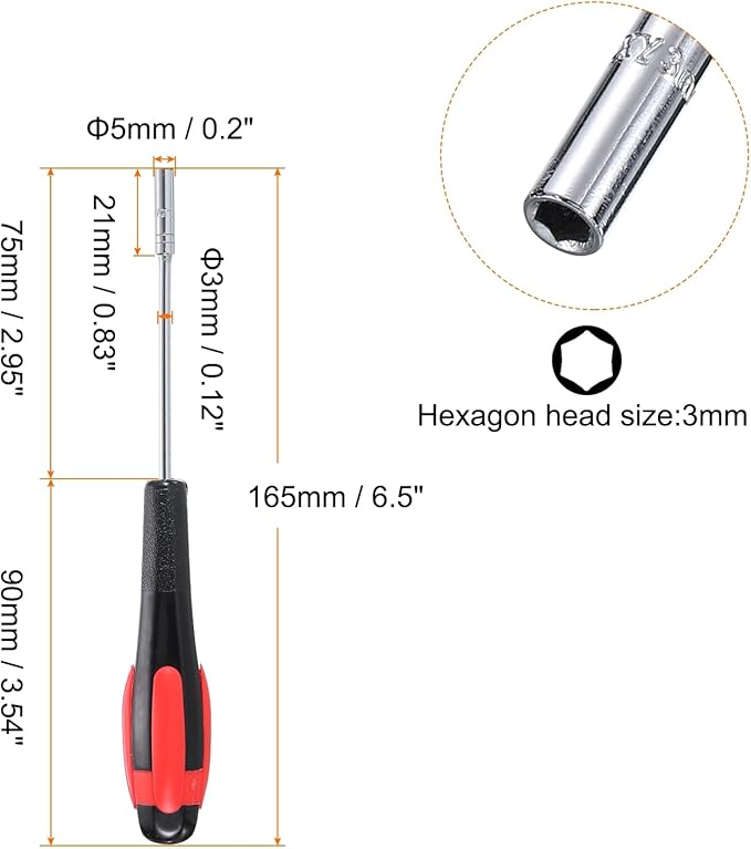 HARFINGTON Metric Nut Driver 3mm Dia 75mm Shank Non-Magnetic 6 Point Hex Socket Screwdriver with Non-Slip Handle for Tightening and Loosening Fasteners