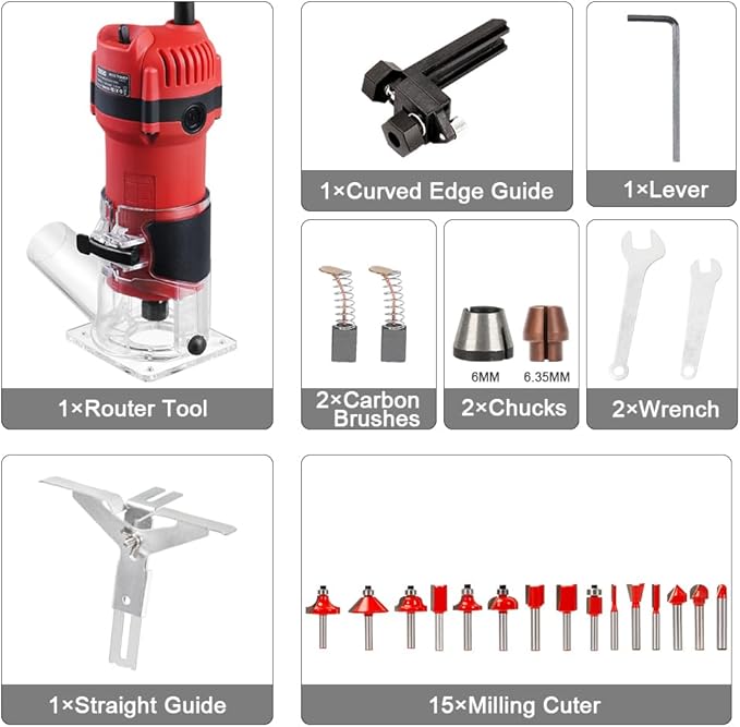 TEENO Wood Router, 800W Compact Router Tools for Woodworking, 31000 RPM Hand Trim Router with 15 Pcs 1/4" Router Bits Set, Edge Guide, Roller Guide, Dust Hood