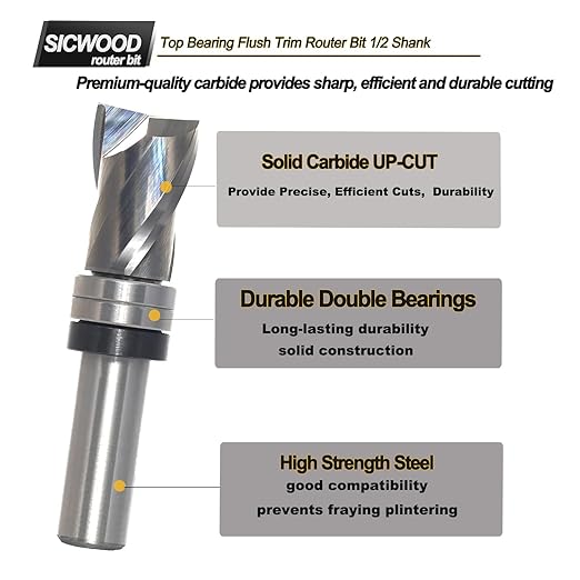 Top Bearing Flush Trim Router Bit 1/2 Inch Shank - Up-Cut 3/4" Cutting Dia, 1- 3/16" Cut Height, Carbide Spiral Pattern Template Flush Cut Router Bit, for Wood Trimming