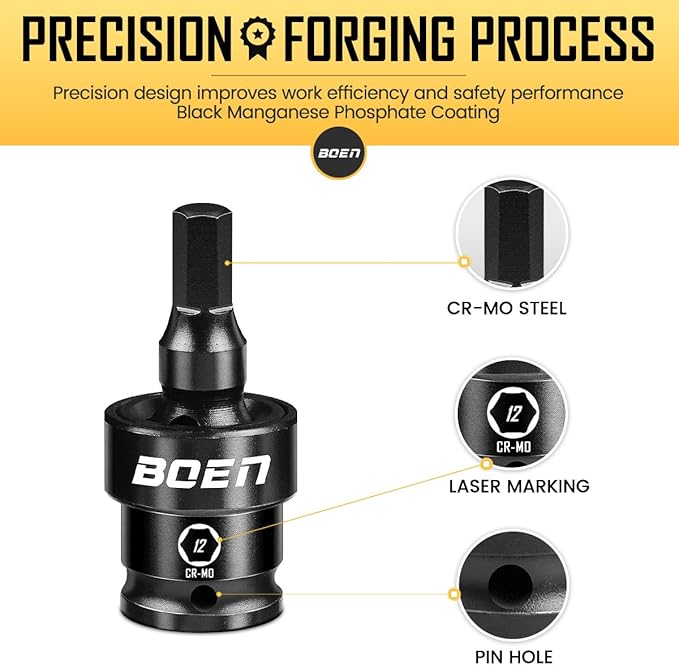 BOEN 8-Pieces Universal Hex Bit Driver Impact Socket, 1/2" Drive Metric Size (6, 7, 8, 10, 12, 14, 17, 19mm) With Socket Rail, CR-MO Steel