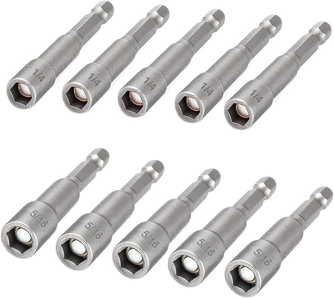 10pcs SAE 1/4??and 5/16??Magnetic Nut Driver Bit Set, 1/4 inch Driver Power Nut Setter Drill Bits for Impact Drill, Socket Adapter Hex Nut Driver Set, 65mm Length