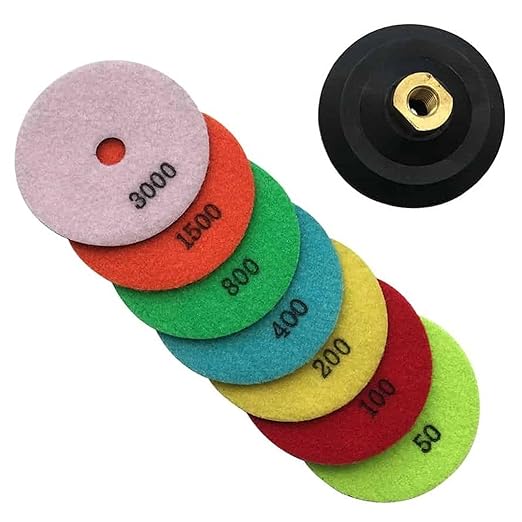 4" Dry Stone Polishing Pads Set with Rubber Backing Pad (50, 100, 200, 400, 800, 1500, 3000 Grit) - for Granite, Marble, Concrete Countertops