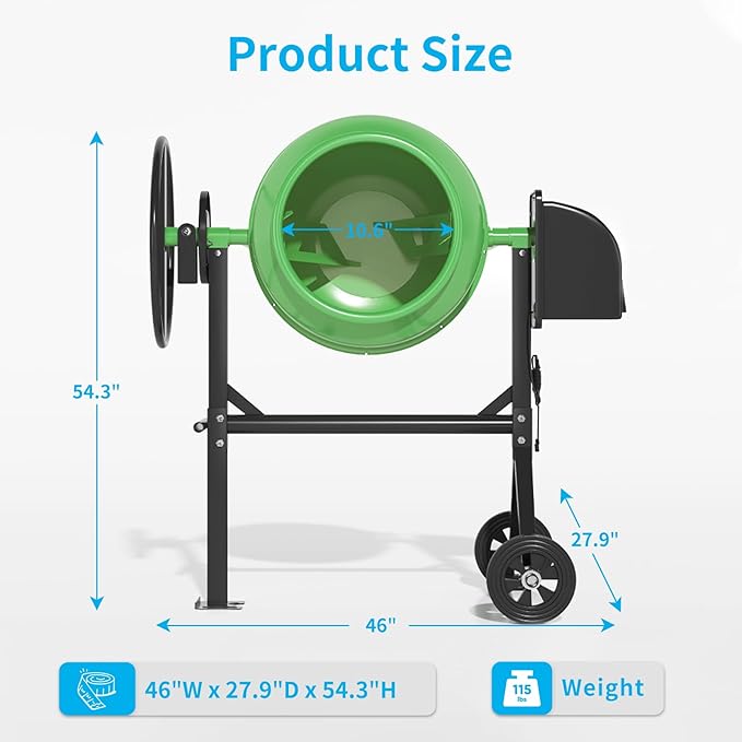6.0 Cu.Ft. Concrete Mixer, Heavy Duty Portable Concrete Mixer with Wheel & Stand, Electric Cement Mixer Machine with 160L Drum, 120V Motor for Concrete, Mortar,Seeds, and Feed,Green.