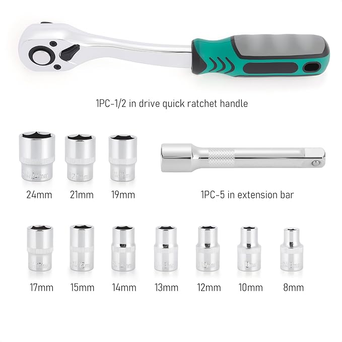 1/2 Inch Drive Ratchet Wrench, 72-Tooth Reversible Ratchet Quick Release, w/ 10 CR-V Steel Metric Sockets (10mm-24mm) and Extension Bar