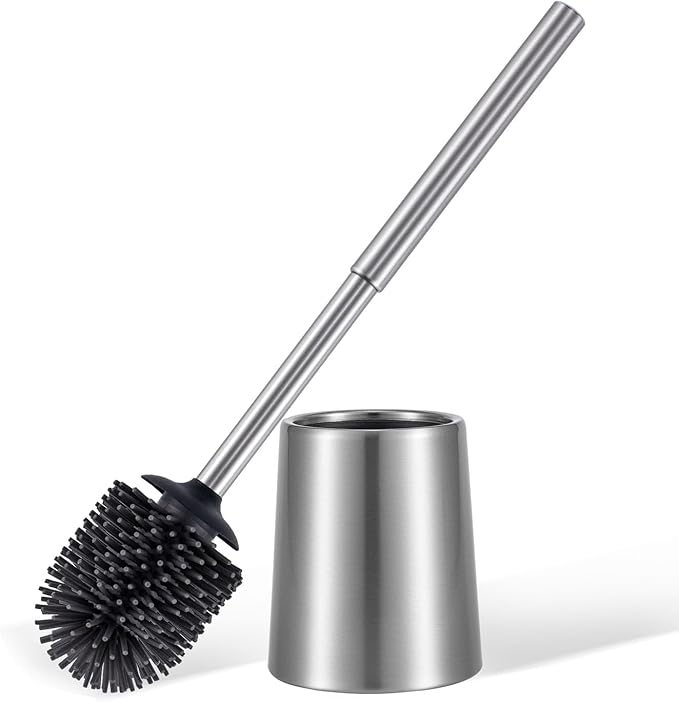 Stainless Steel Toilet Brush and Holder Toilet Brush Bowl Cleaning Brush Double Layer Holder Long Brush Handle High Density Silicone Head