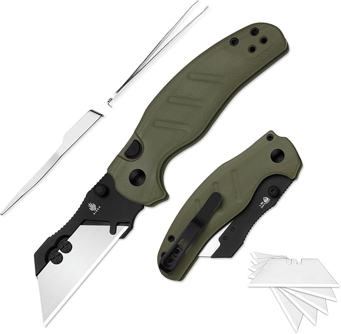 Kizer C01C Uti 1 (Dual-screw Version) Utility Knife, Button Liner Lock Box Cutter EDC Pocket Knife with 5PCS Razor Blades, Green G10 Handle Small Folding Knives with Clip for Men Women, V3488.29JSA2