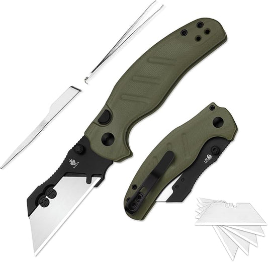 Kizer C01C Uti 1 (Dual-screw Version) Utility Knife, Button Liner Lock Box Cutter EDC Pocket Knife with 5PCS Razor Blades, Green G10 Handle Small Folding Knives with Clip for Men Women, V3488.29JSA2
