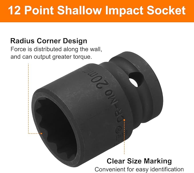 uxcell 1/2" Drive x 20mm Shallow Impact Socket 12-Point Metric CR-MO Steel Nut Impact Grade Socket for Auto Repair