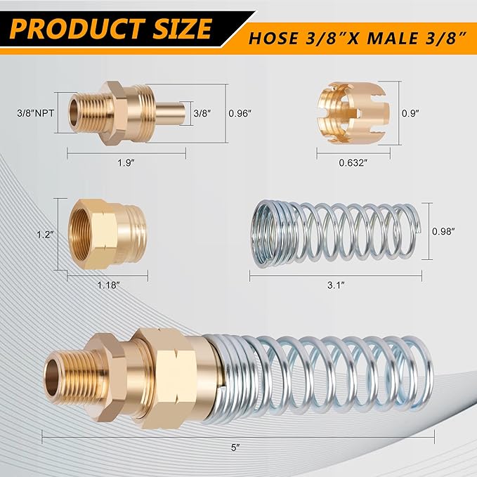 Brass DOT Air Brake Hose End Fitting, 3/8??Hose x 3/8??Male Connector with Spring Guard, 2 Pack Air Brake Hose Fitting with 2 Pack Fitting Sleeve Tube