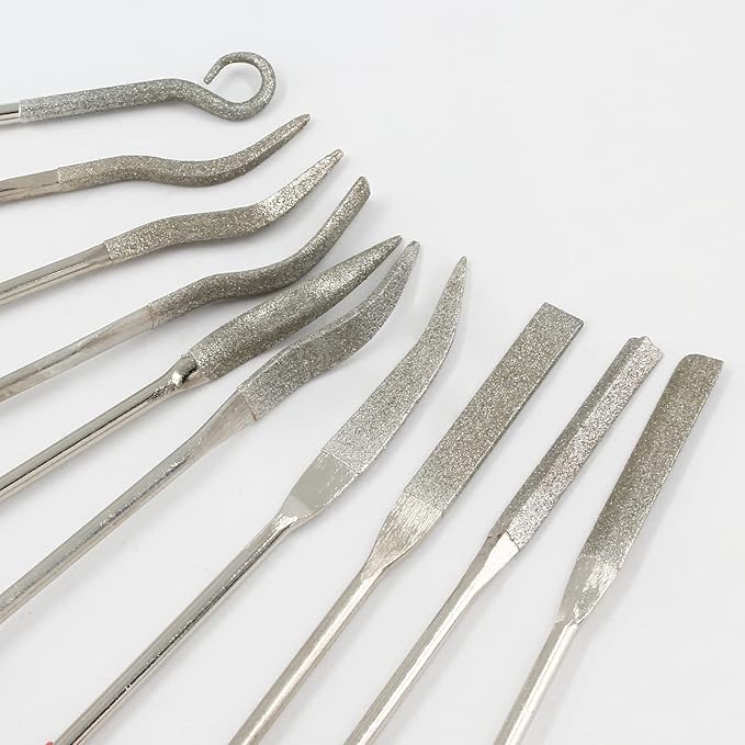 Litoexpe 10 Pieces Mini Needle File Set, Multipurpose Small Diamond File Kit Jewelers File for Metal, Crafts, Wood Carving, Plastic Sanding, 3x140mm Bent Tool