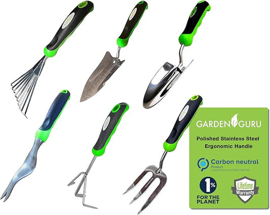 Garden Guru Garden Tool Set 6pc Hand Trowel Transplanter Weeder Fork Rake Cultivator ??Heavy Duty Stainless Steel - Ergonomic Comfort Grip Handle ??Perfect Gardening Tool Kit Gifts for Women and Men