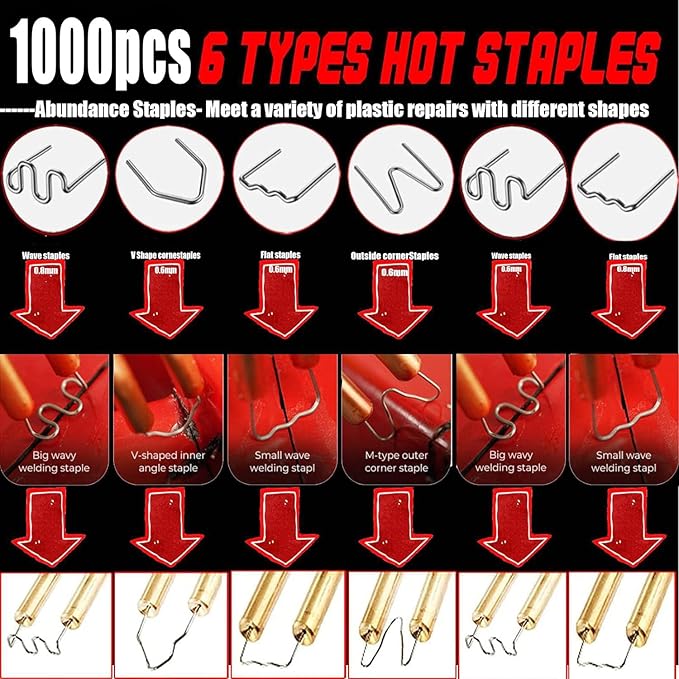 Plastic Welder,2 in 1 Plastic Welding Repair Kit with 1000pcs Hot Staples,4pcs Plastics Welding Rods,knife,Plier, Hot Staples Weld Gun Repair Kit for Car Bumper And Most Plastics(Red)