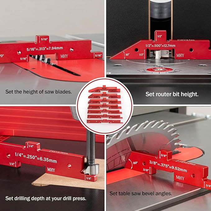 MHY Precision Router Table Setup Blocks - 8PCs Aircraft Aluminum Height/Depth/Angle Gauge Set for Woodworking & Table Saw Accessories with Laser-Marked and Durable Storage Case
