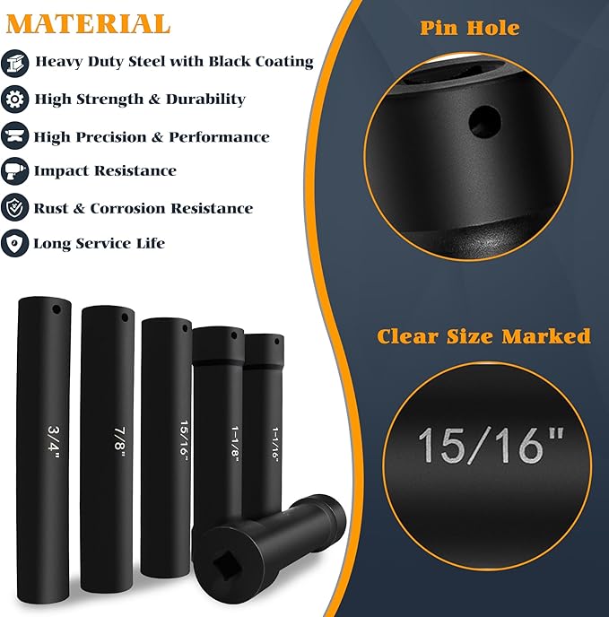 6.75 Inch Long Extended Length Impact Socket Set 1/2 Inch Drive Extra Deep Sockets Heavy Duty Steel With Hex Sizes 3/4" 7/8" 15/16" 1-1/16" 1-1/8" 1-1/4" for High Torque Use 6PCS