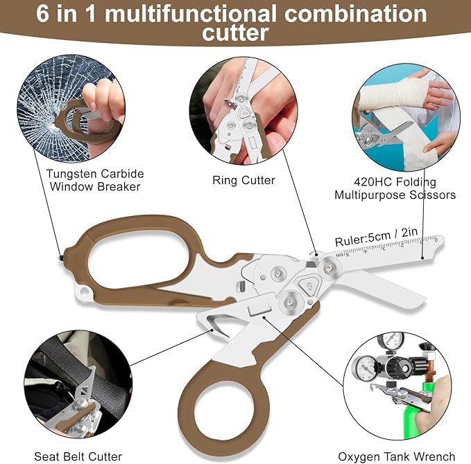 Lemasa6 in 1 Multifunctional Combination Tool, Folding Retractable Emergency Shears, Outdoor Camping Tools, Seat Belt Cutter, Oxygen Cylinder Wrench, Complimentary Adjustable Wrench (Bean Sand Colour)