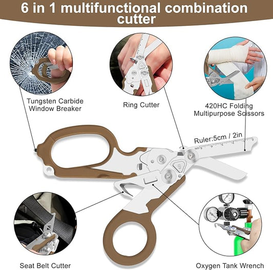 Lemasa6 in 1 Multifunctional Combination Tool, Folding Retractable Emergency Shears, Outdoor Camping Tools, Seat Belt Cutter, Oxygen Cylinder Wrench, Complimentary Adjustable Wrench (Bean Sand Colour)