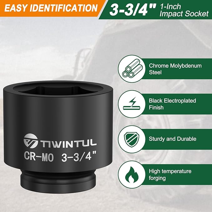 3-3/4" Impact Socket 1" Drive, Deep 6 Point CR-MO Heavy Duty Socket, Single Axle Nut Socket for Mining Trucks, Oilfield & Wind Turbine Flange Bolts, Railway & Port Equipment, ANSI Certified
