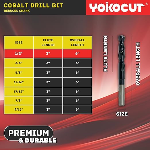 1/2 Inch Cobalt Drill Bit | Reduced Shank High Speed Steel | 1/2 Drill Bit for Stainless Steel and Hardened Metal | HSS M35 Titanium Aluminum Nitride Coating with 1/2" Shank