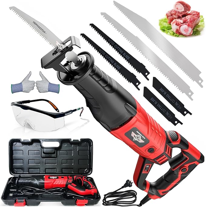 Multi-Purpose 3800W Handheld Electric Saw, 6-in-1 Cutter for Meat Bone, Wood, Metal, Plastic, Aluminum, Heavy Duty Bone Saw Machine Kit with Gloves & Goggles (220V)