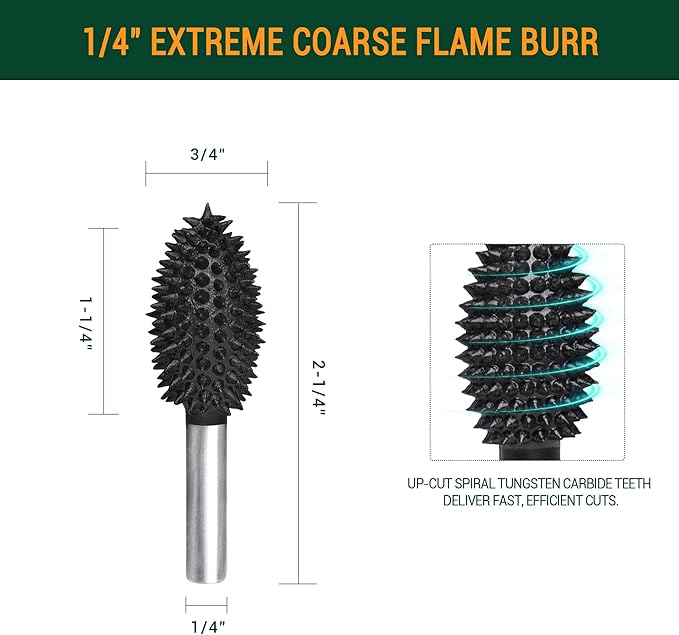 Extreme Coarse Flame Rotary Burr, 1??" Shaft, Very Coarse - Woodworking Attachment for Bosch,Foredom, DeWalt, Milwaukee Tools- Abrasive Tungsten Carbide