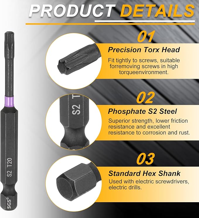 HARFINGTON 5pcs T20 Torx Head Impact Screwdriver Bits 1/4" Hex Shank 3" (75mm) Long Magnetic No Hole Tamper Proof 6 Point Star Screw Driver Drill Bits Phosphate S2 Steel Power Tools