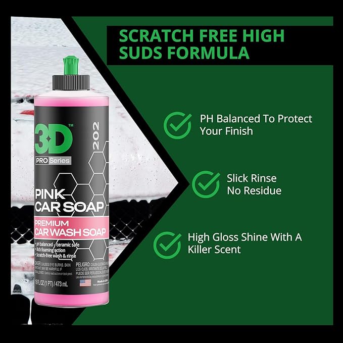 3D Pink Car Soap ??16 oz |pH Neutral Car Wash Soap with High Suds & Cherry Scent | Scratch-Free, High Gloss Shine | Safe on Wax & Sealants | Weekly Car Care
