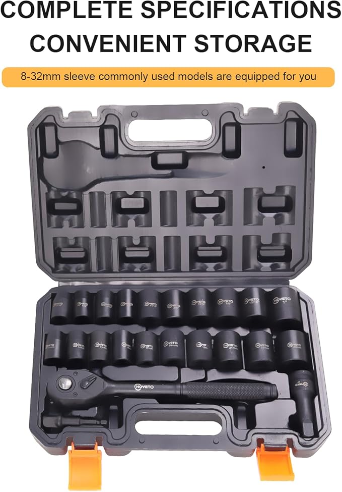 1/2" Drive Impact Socket Set, 23-Piece Metric (13??4mm), 6-Point Cr-V Alloy Steel, with Ratchet Handle & Storage Case ??Rugged Construction for Auto Repair